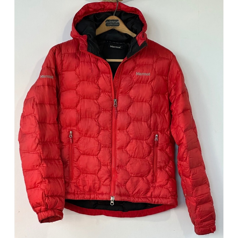 Marmot Puffer Jacket 800 Fill Down Honeycomb Hooded Womens Small Red